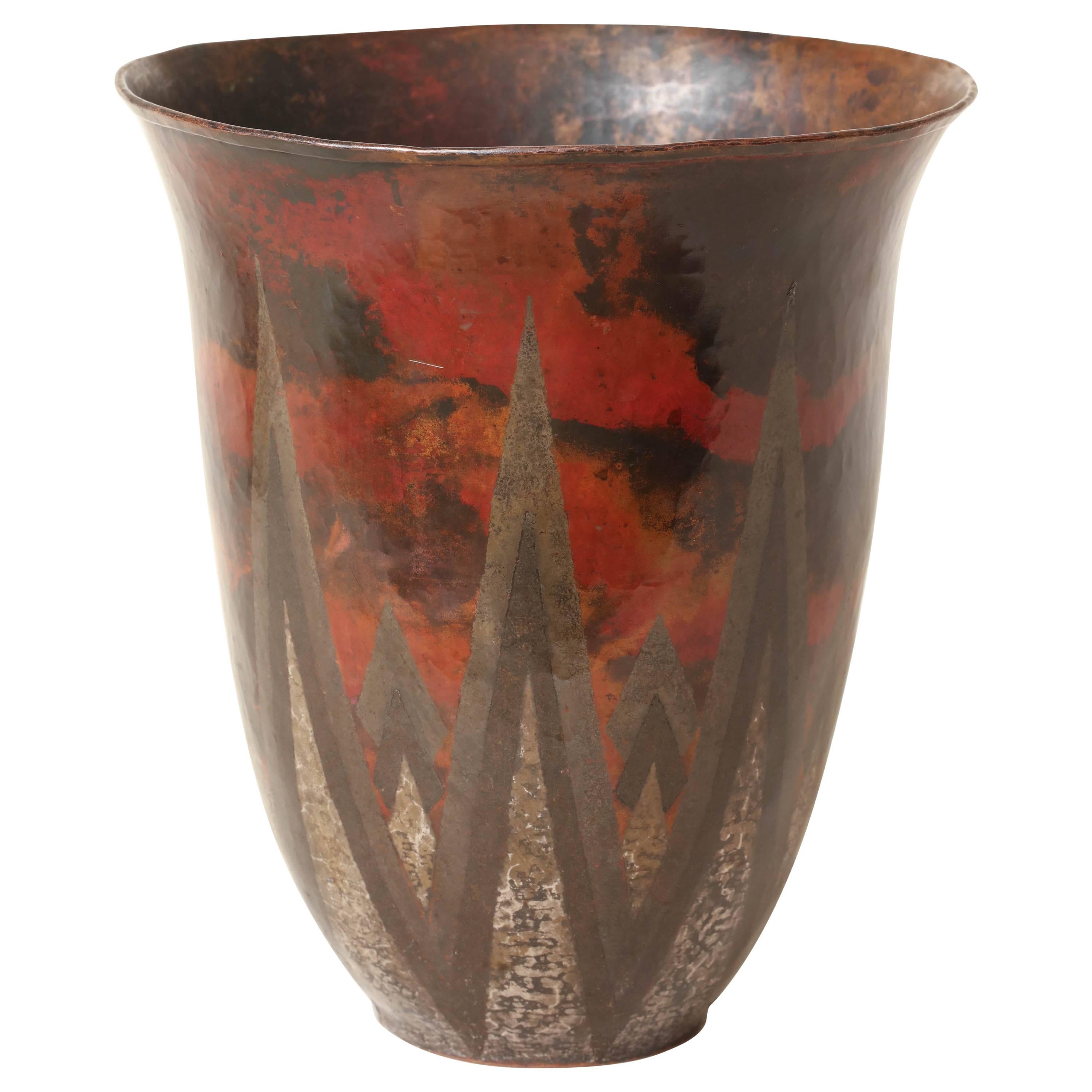 Claudius Linossier French Art Deco Copper and Silver Dinanderie Vase For Sale