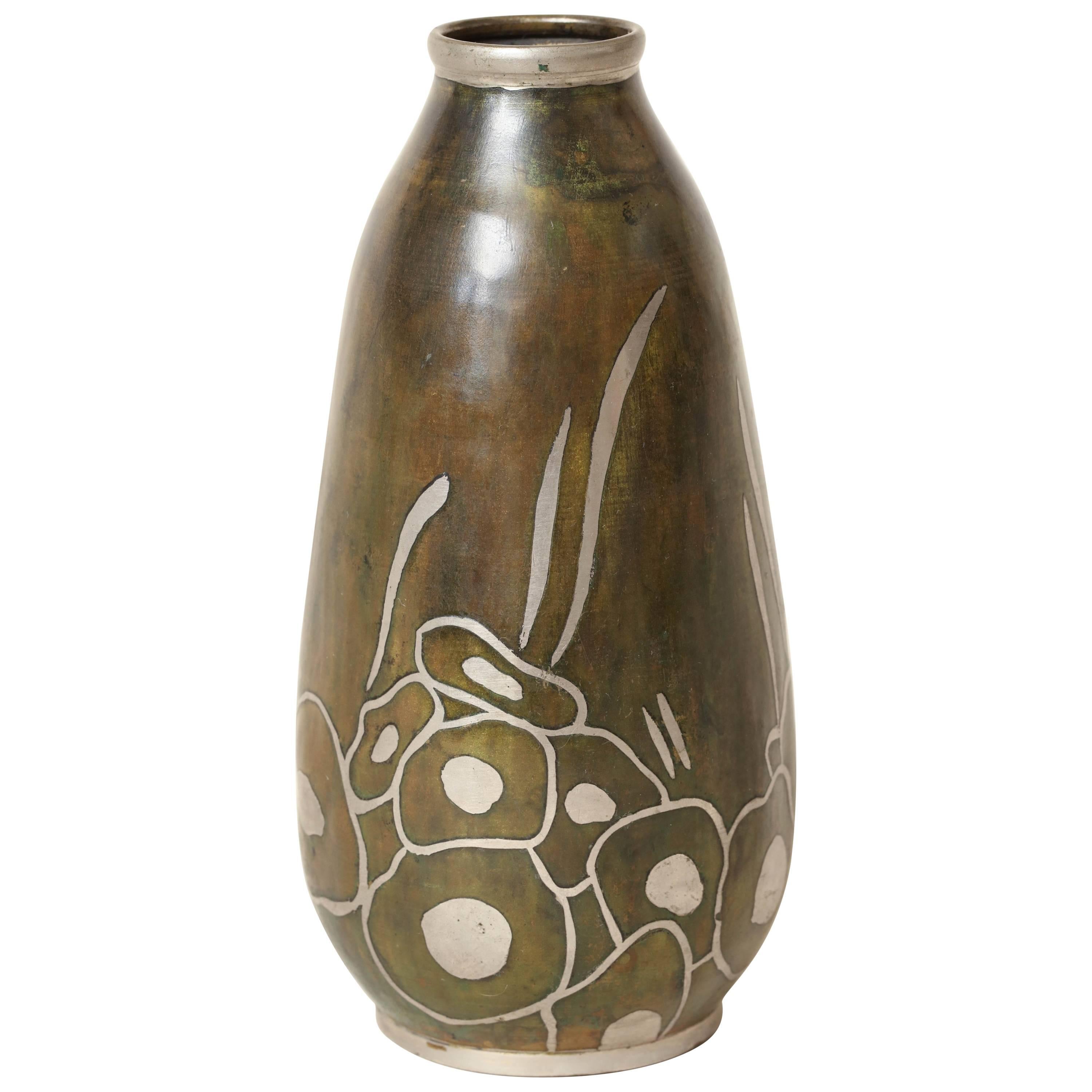 Paul Mergier French Art Deco Copper and Silver Dinanderie Vase For Sale