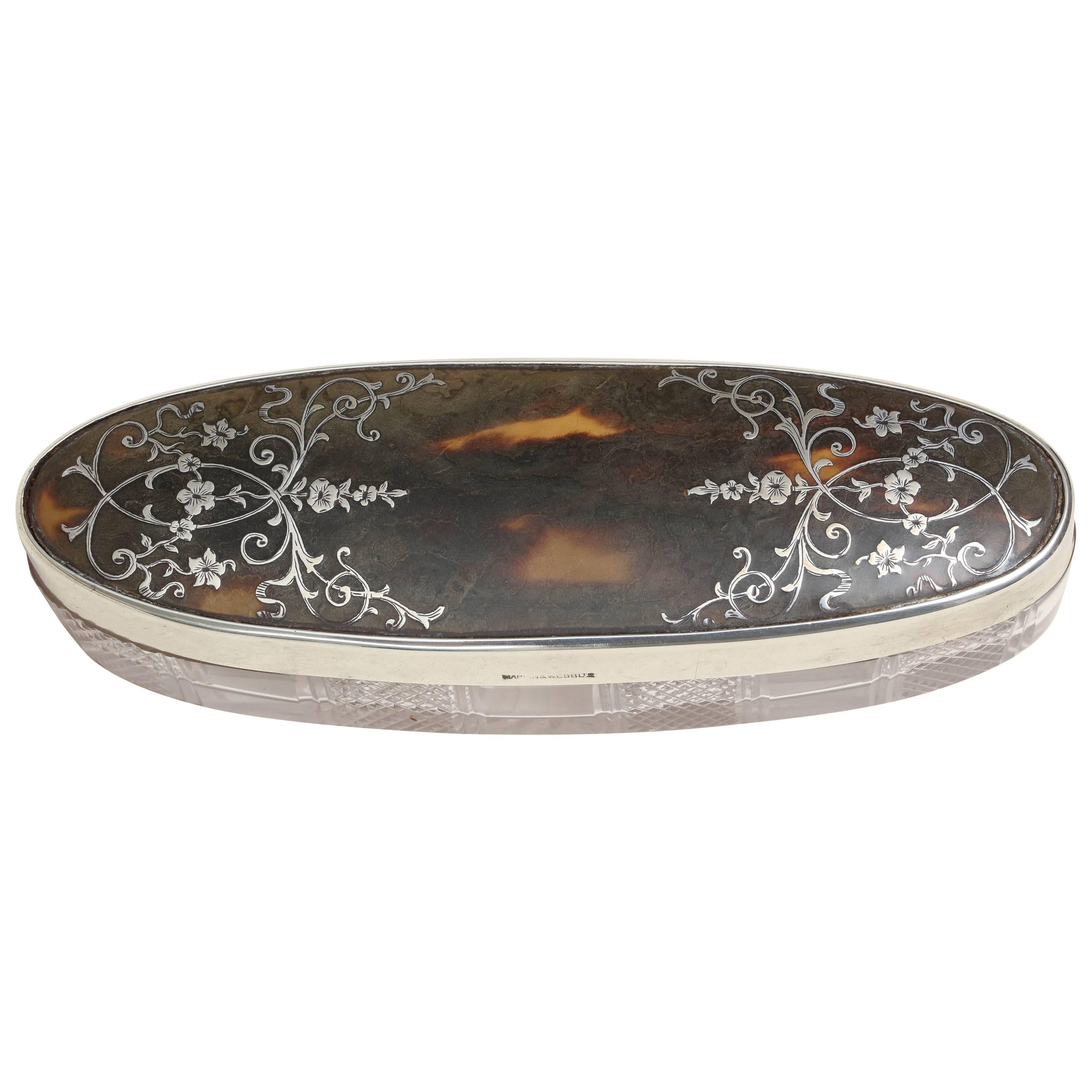 English Art Deco Crystal, Faux Tortoiseshell and Sterling Silver Pique Box