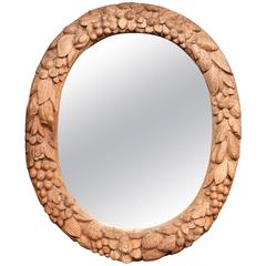 19th Century French Carved Oak Oval Mirror with Fruit and Leaves