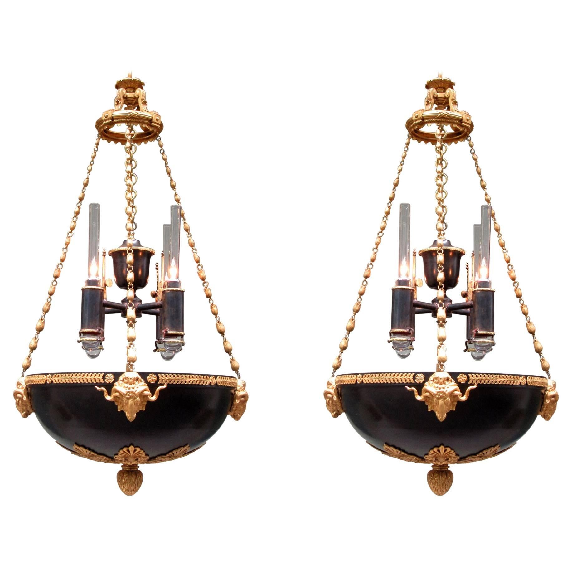 Pair of Early 19th Century English Regency Bronze Argand Pendant Chandeliers