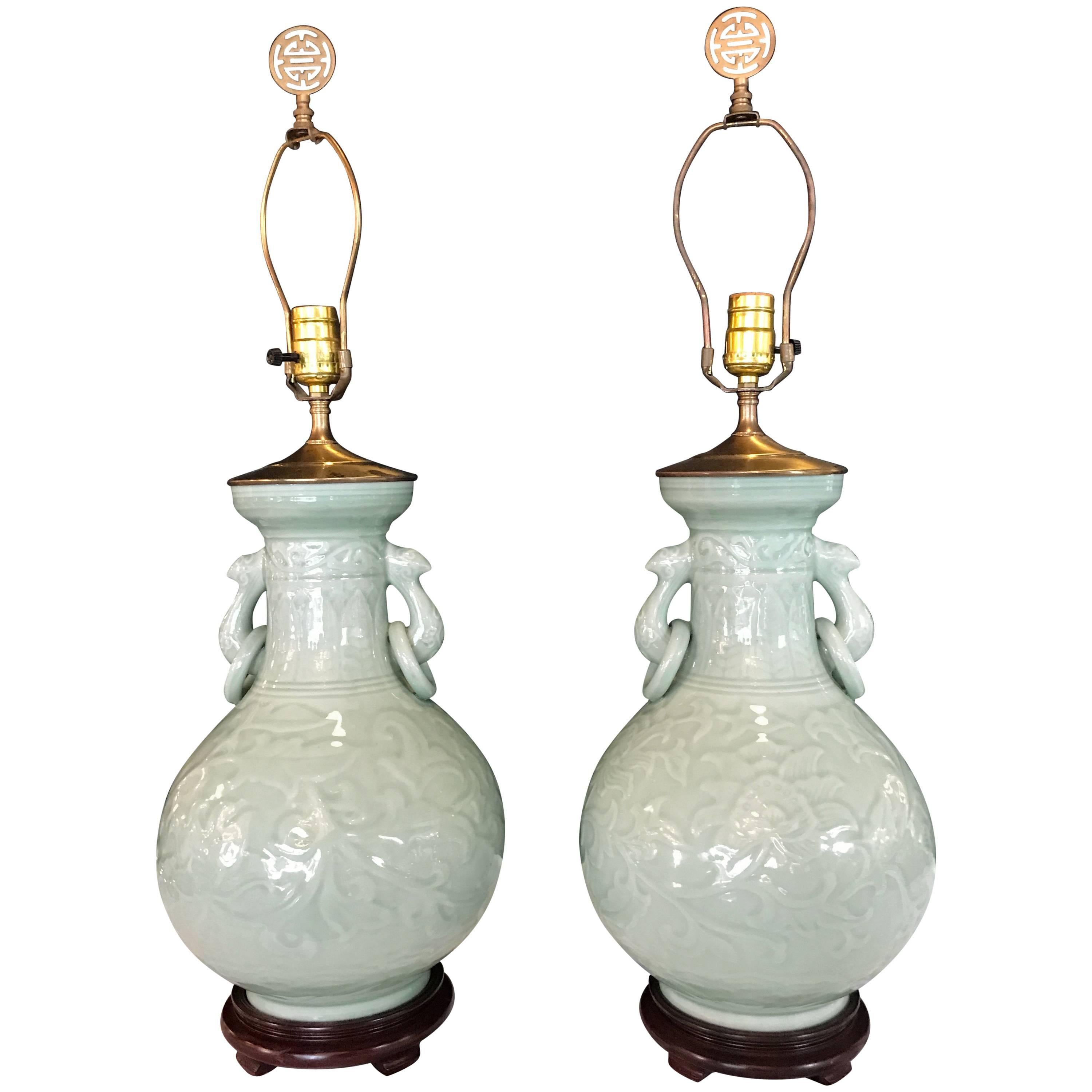 Pair of Chinese Celedon Antique Vases Mounted as Lamps