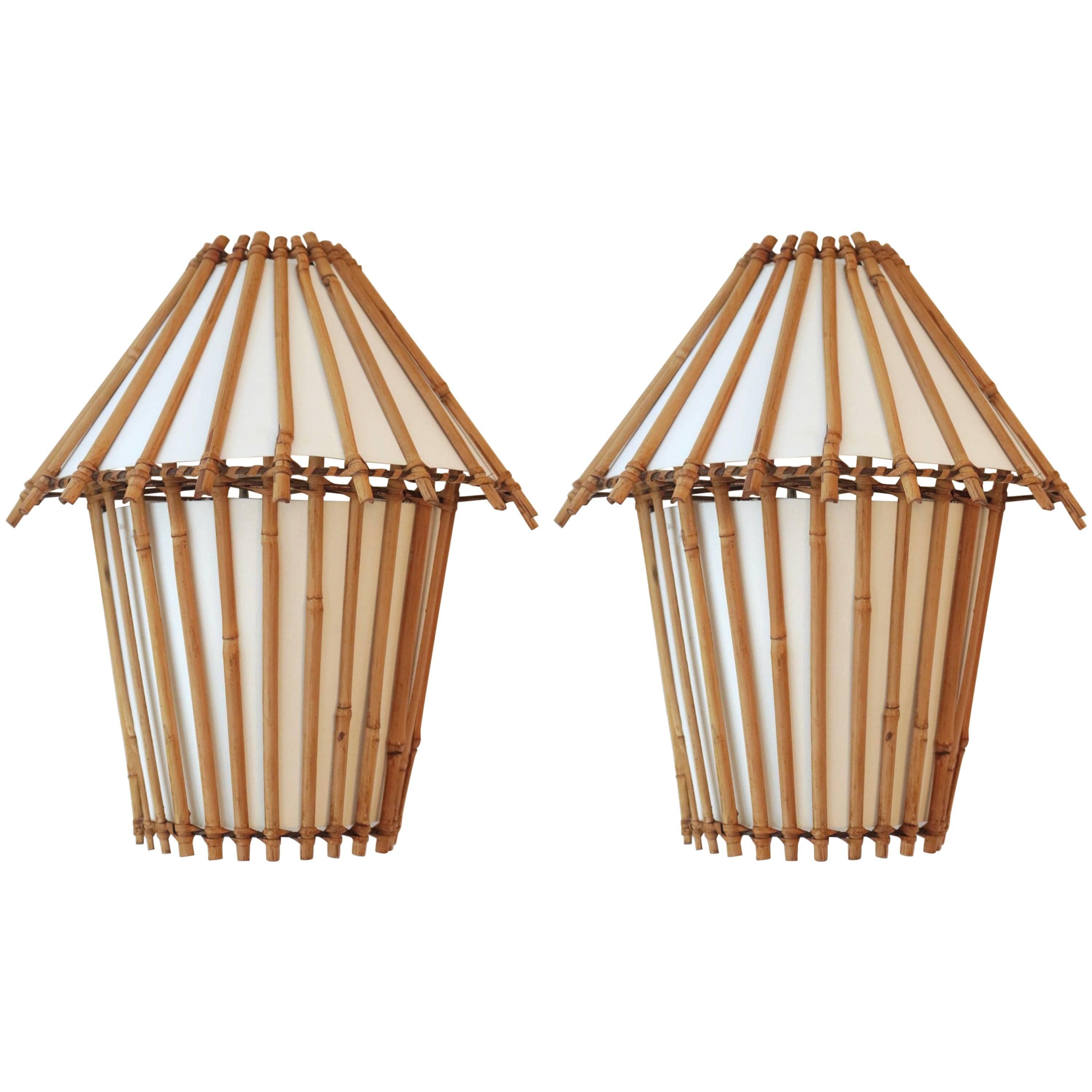 1950s Louis Sognot Pair of Rattan Sconces