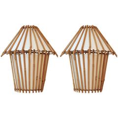 1950s Louis Sognot Pair of Rattan Sconces 2