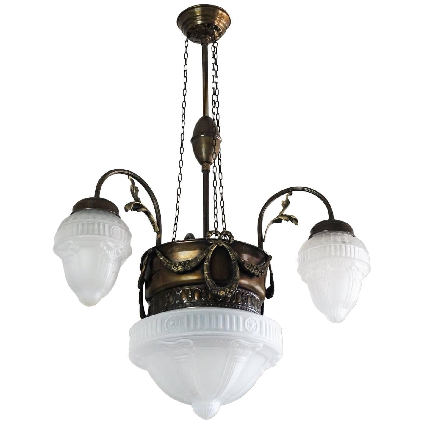 French Art Nouveau Brass Four-Light Chandelier Pendant Glass Globes circa 1920