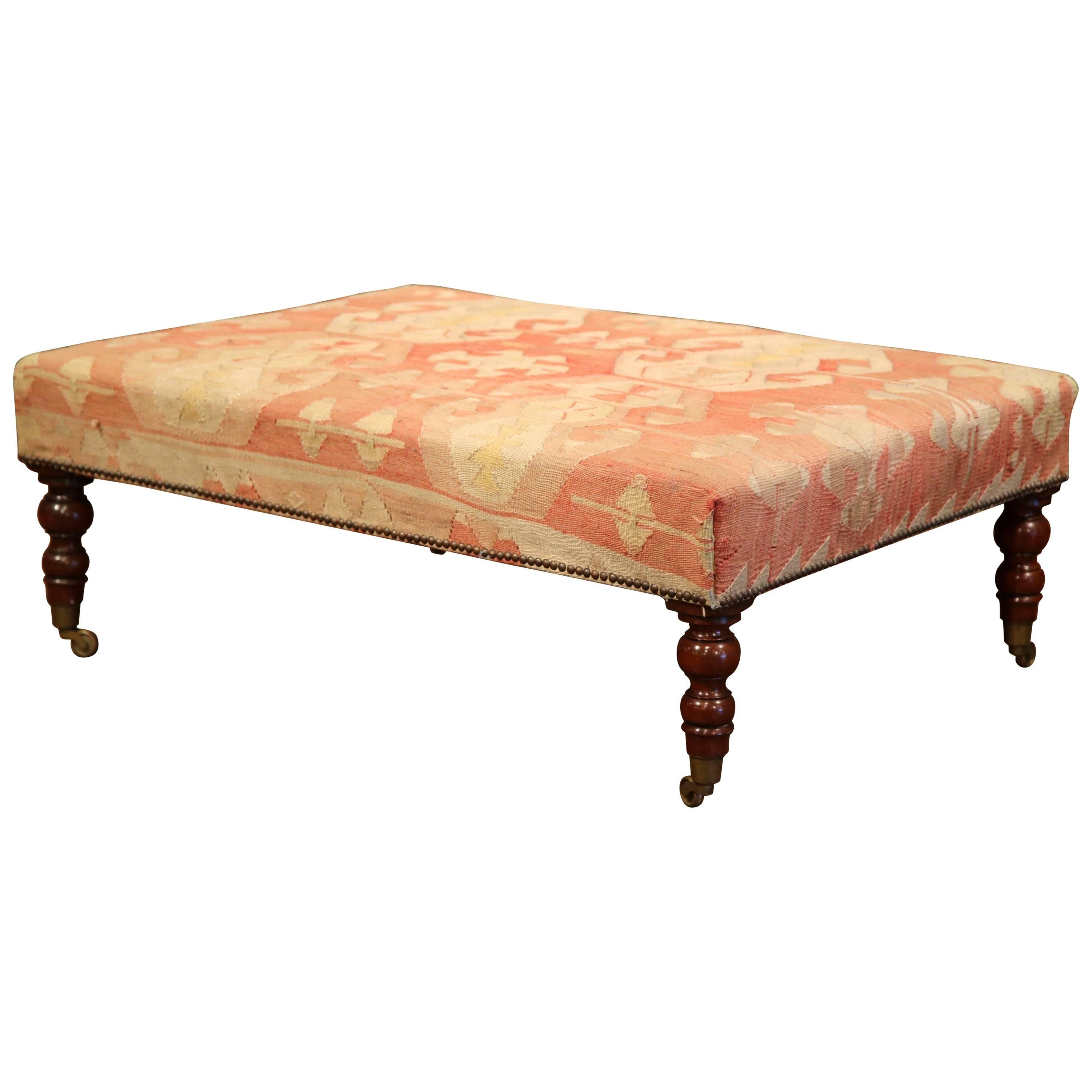 Large 19th Century, French, Louis Philippe Walnut Ottoman with Kilim Tapestry