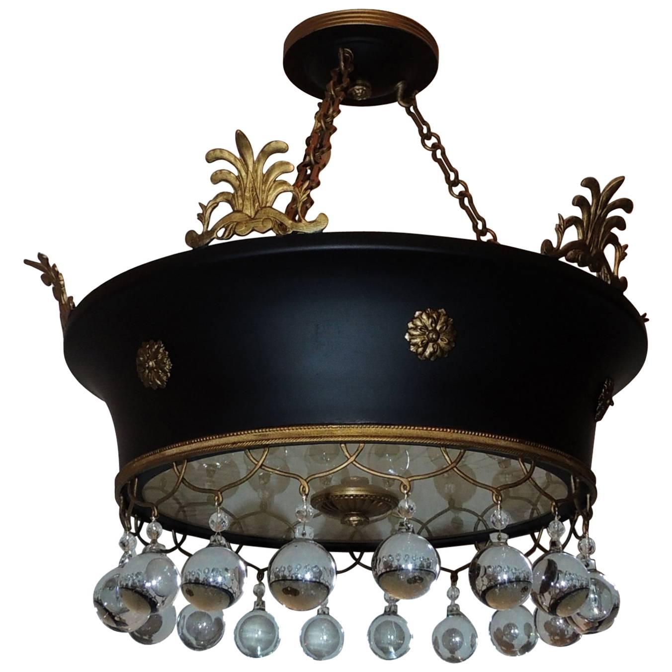 French Empire Doré Bronze Tole Basket Frosted Neoclassical Chandelier Fixture