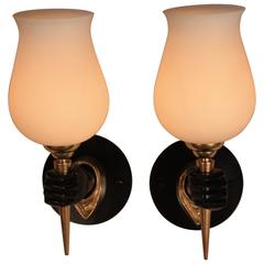 Pair of 1950s Bronze Hand Hold Torch Wall Sconces by Arbus