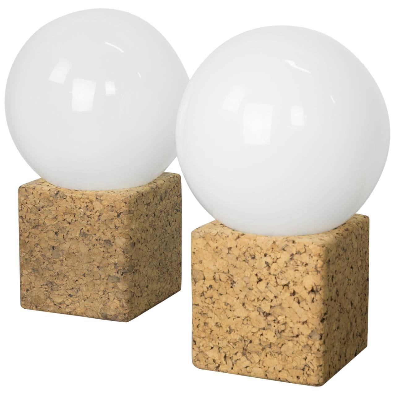 Pair of Cork Table Lamps with Opal Glass Globes by Lightolier