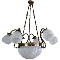 Art Nouveau Style Brass Frosted Glass Large Nine-Light Chandelier circa 1920 2