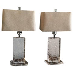 Van Teal Lucite Table Lamps, Pair, Signed Giraffe Pattern Linen Lampshades