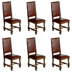 Set of Six French Antique Leather Dining Room Chairs