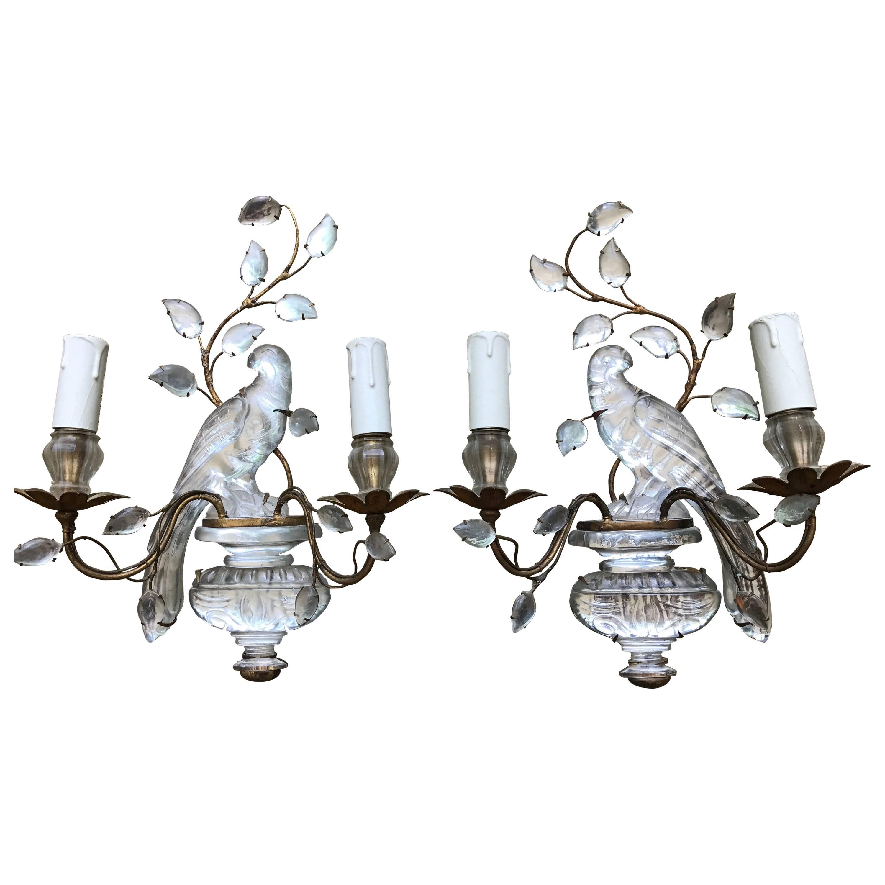 Pair of Crystal and Gilt Maison Bagues Bird Sconces, 1950