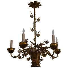 Antique Gold Bronze Light Fixture with Saxe Porcelain Flowers 7