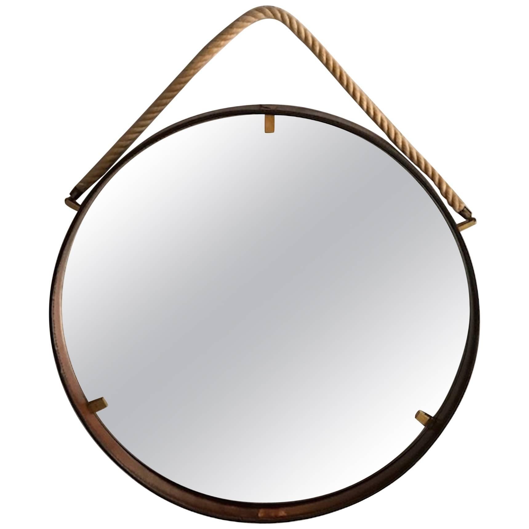 Italian Stitched Leather Round Mirror with Brass Accents and Rope