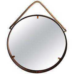 Italian Stitched Leather Round Mirror with Brass Accents and Rope