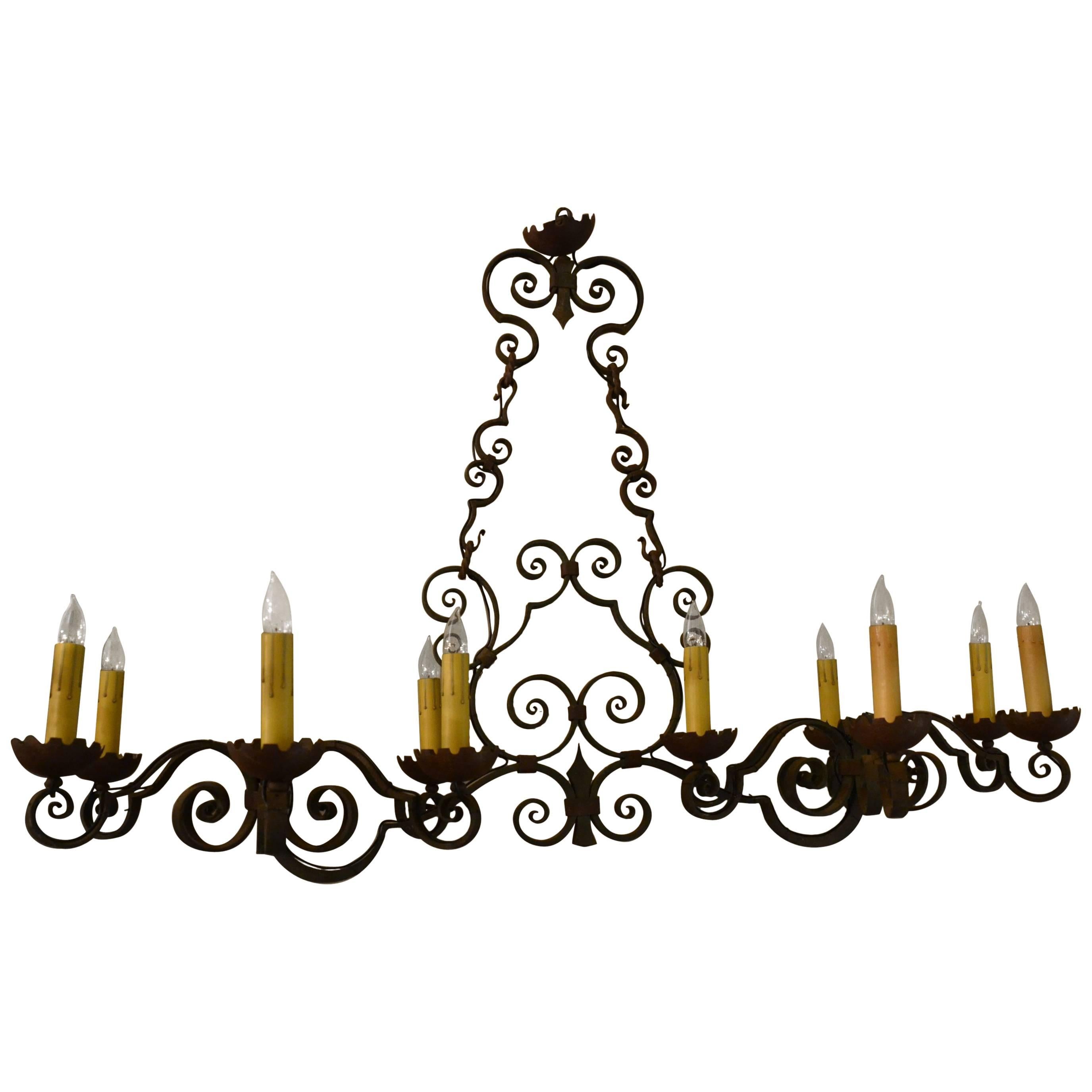 Antique French Provincial Twelve-Light Wrought Iron Chandelier