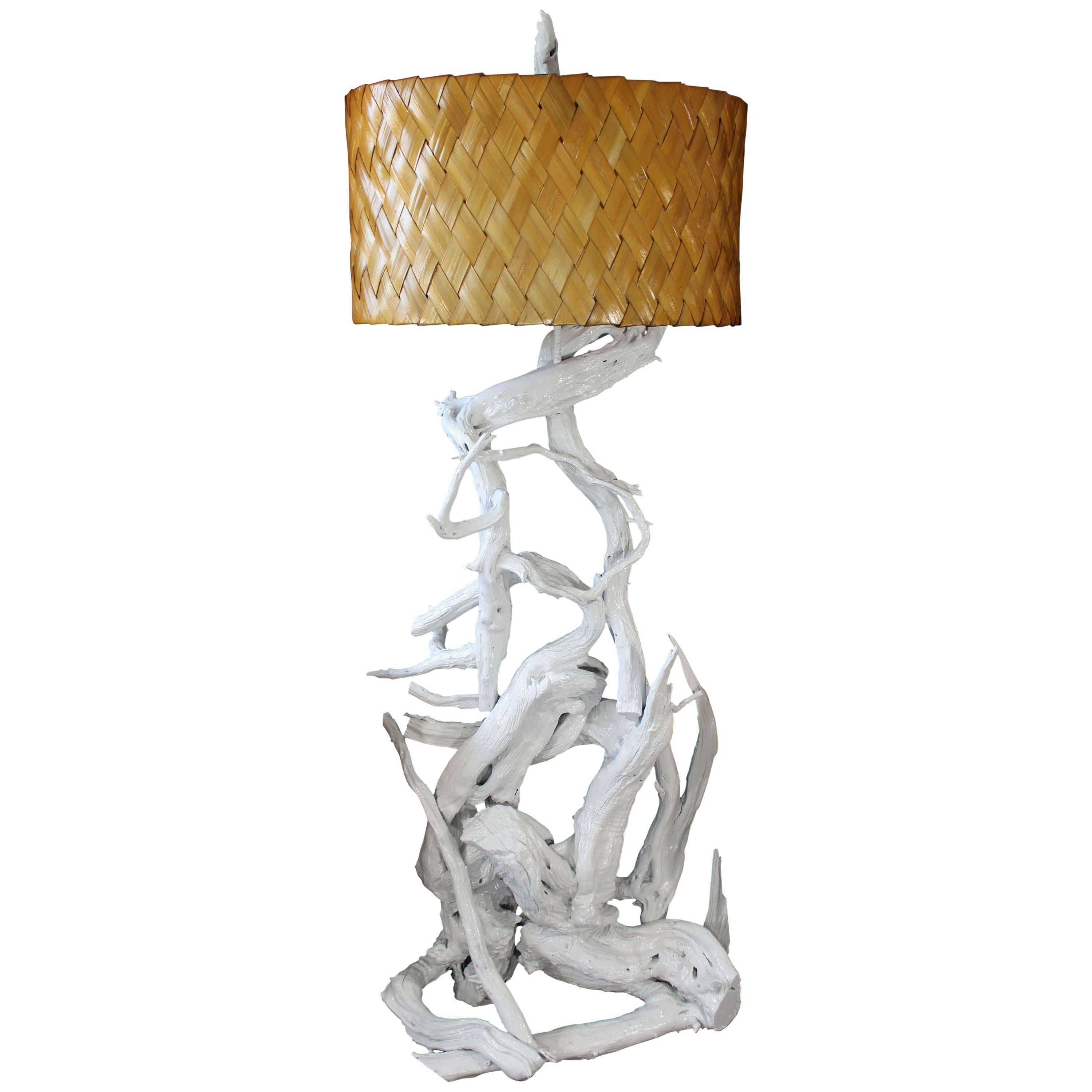 Mid-Century Modern White Lacquer Driftwood Floor Lamp Basketweave Shade, 1960s