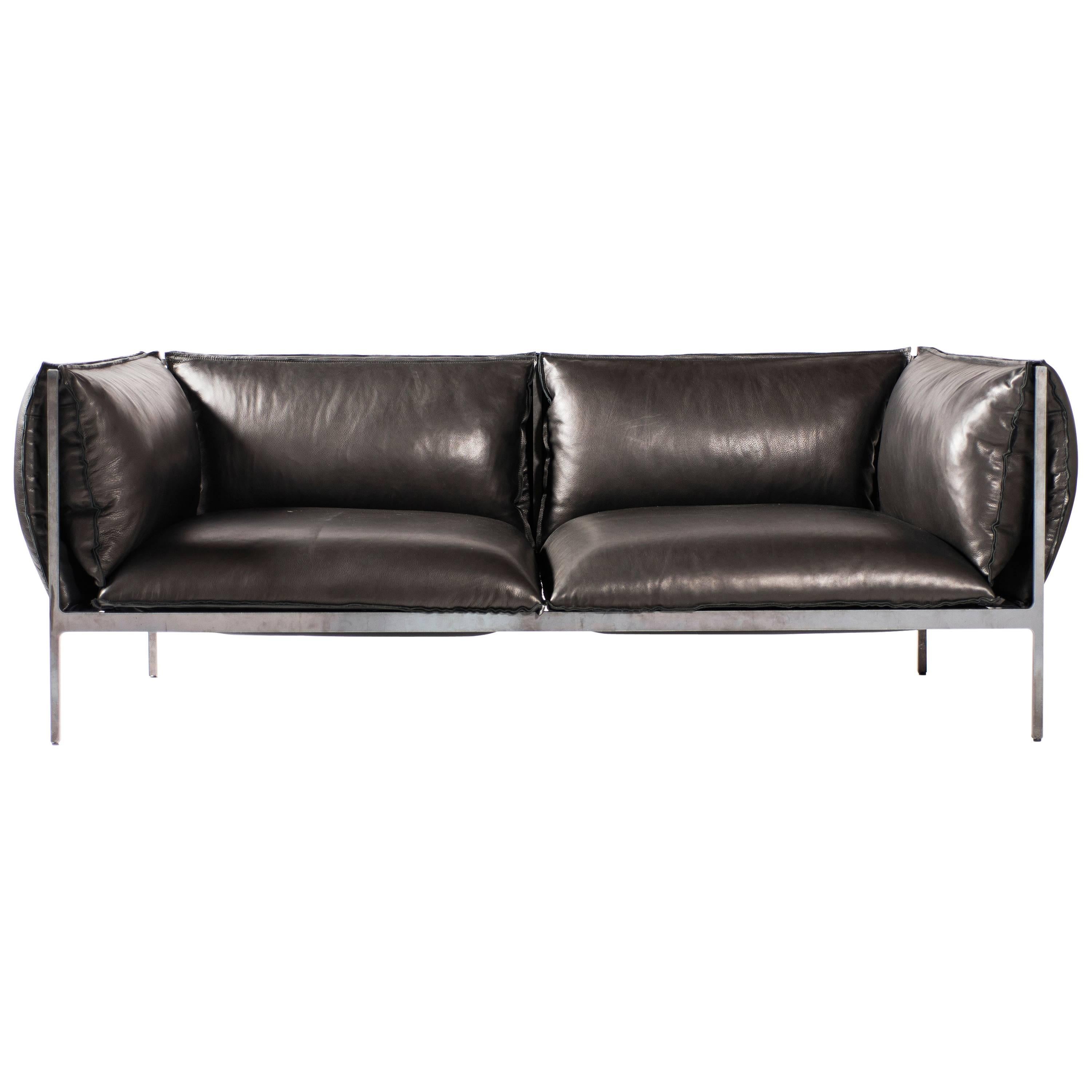 Double-Seat Sofa in Milled Black Leather and Oiled Laser-Cut Steel