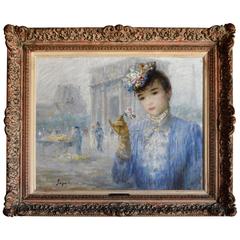 Vintage Oil Painting on Canvas, Parisian Street Scene with a Lovely French Lady in Blue