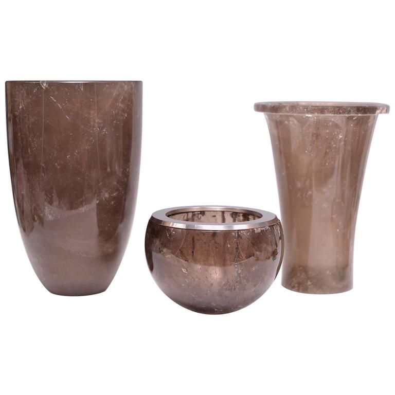 Group Of Three Smoky Gray Rock Crystal Quartz Vases For Sale At