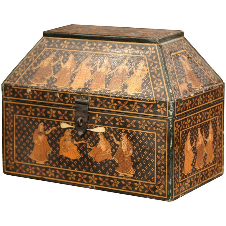 19th Century French Painted Wood Decorative Box with Figures in