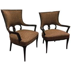 Pair of Leopard Skin Style Upholstery Ebonized Armchairs / Fauteuils