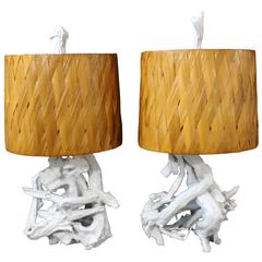 Mid-Century Modern Pair of White Lacquer Driftwood Table Lamps Original Shades