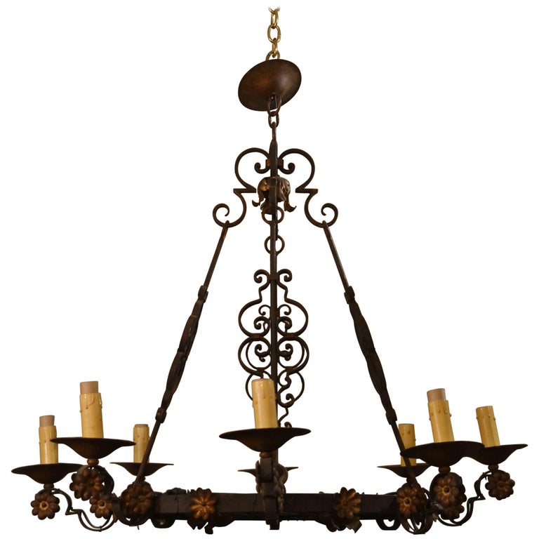 Antique French Wrought Iron Eight Light Fixture With Fl Detail