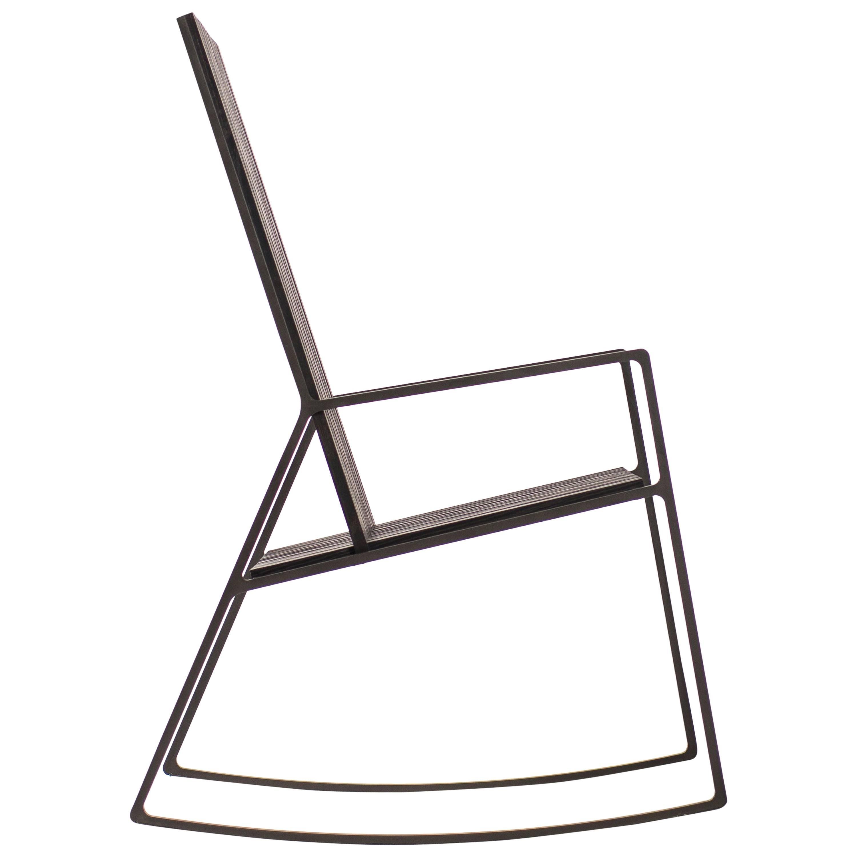 Rocking Chair in Laser-Cut Blackened Steel and Black Oak Slats For Sale
