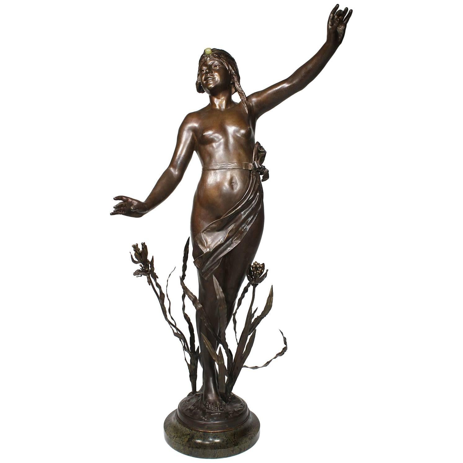 French Art-deco-orientalist Spelter of a Nude Young Maiden, Attributed to Hottot For Sale