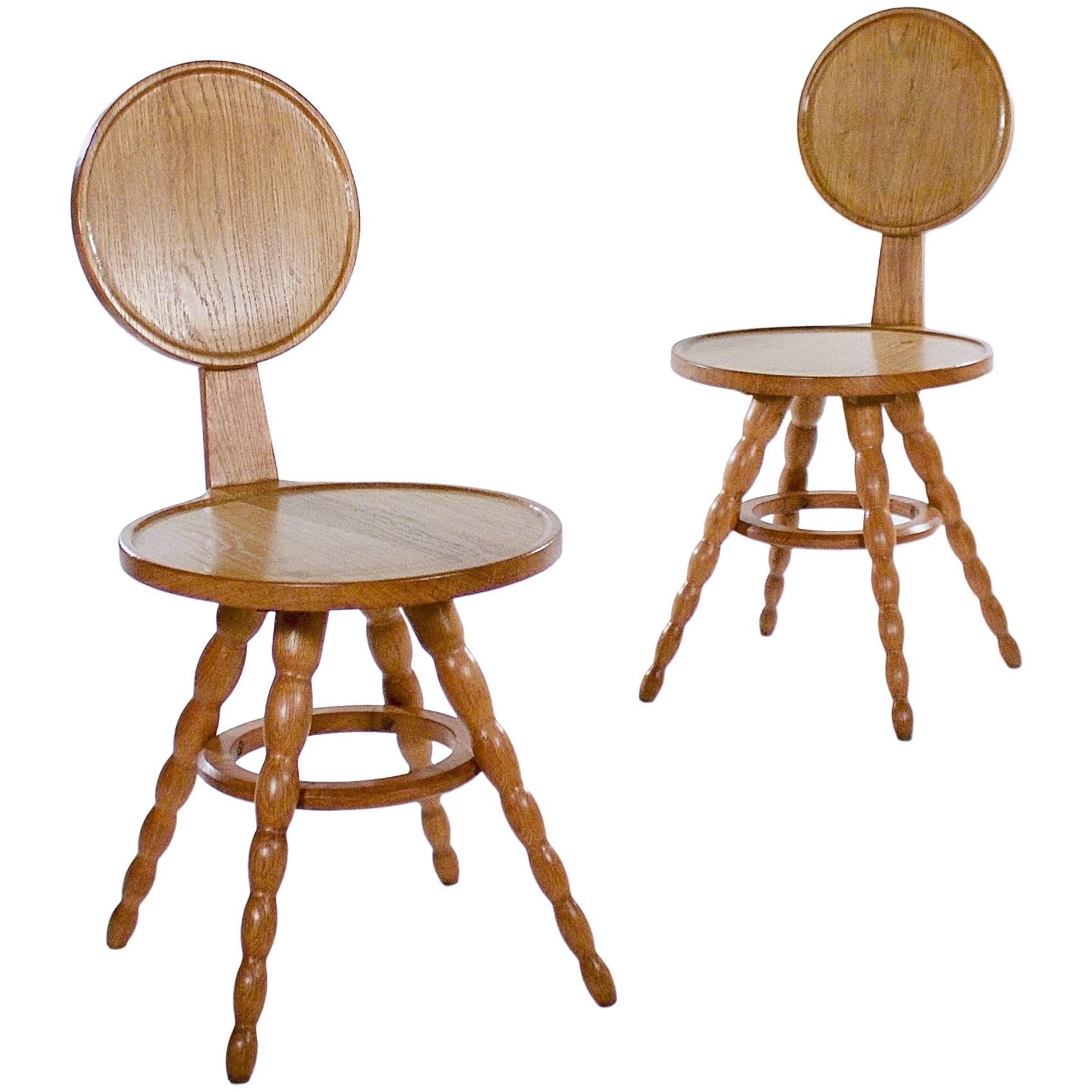 Pair of Unusual Oak Hall Chairs with Bobbin Legs
