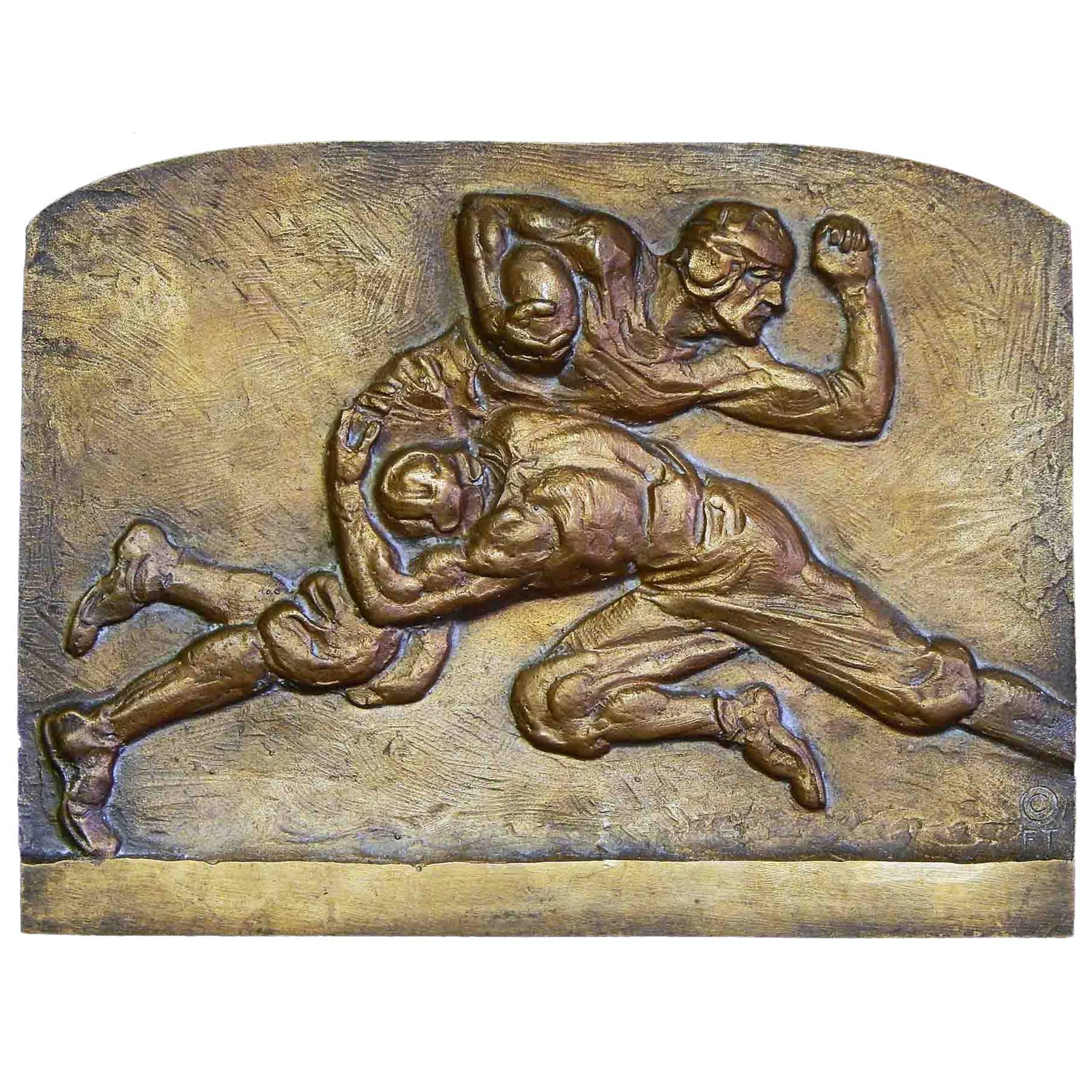 "Football Tackle, " Unique Mid Century Bronze Sculptural Panel by Torrey For Sale