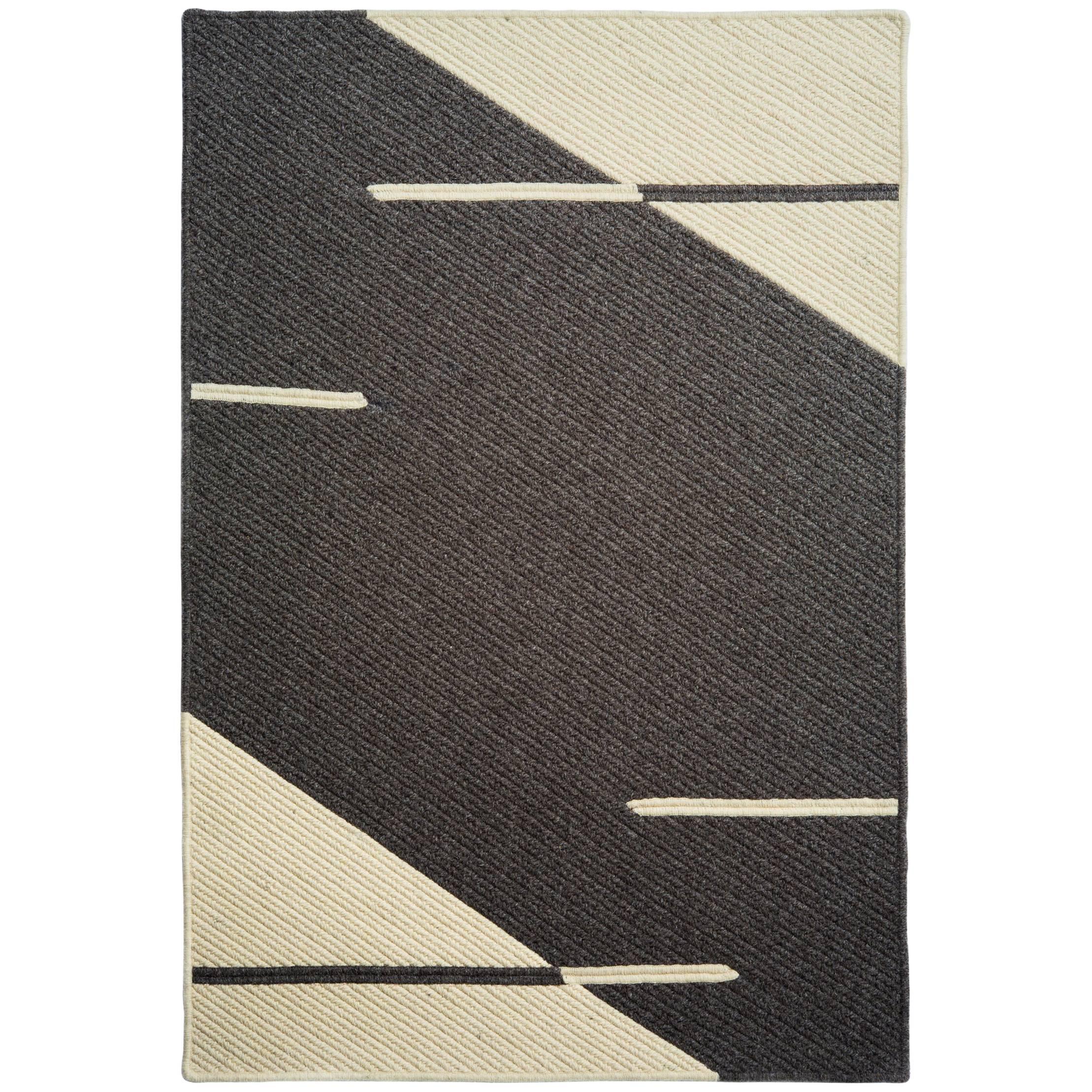 Line No. 2 Rug, Natural Woven Dark Grey and Cream Wool, Custom Made in the USA For Sale