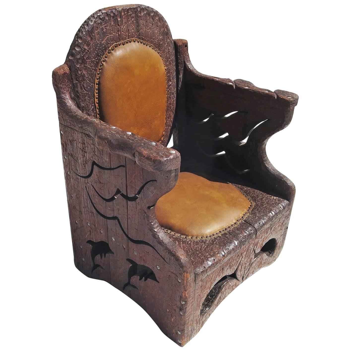 1960s Hand-Carved Folk Art Armchair in an Underwater Theme For Sale