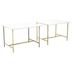 Pair of Paul McCobb Side or End Tables Brass with White Glass / Vitrolite Tops