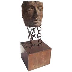 Monumental Facial Profile Sculpture on Elaborate Steel and Copper Base