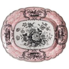 Antique English Pink and Black Transferware Platter with Flowers