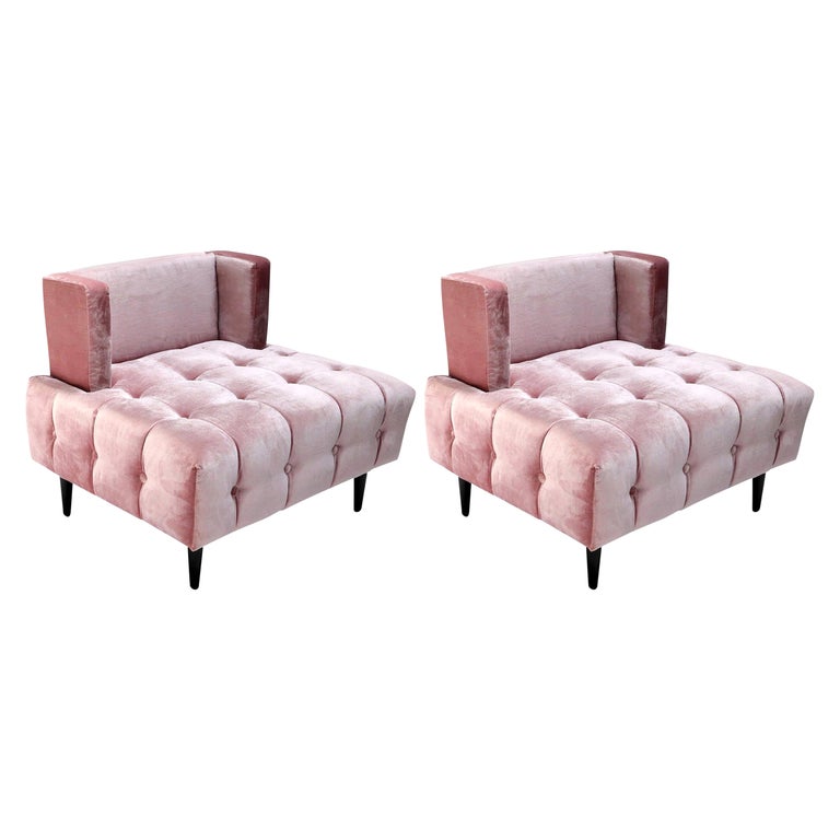 Pair of Custom Pink Silk Velvet Tufted Lounge Chairs by Adesso Imports