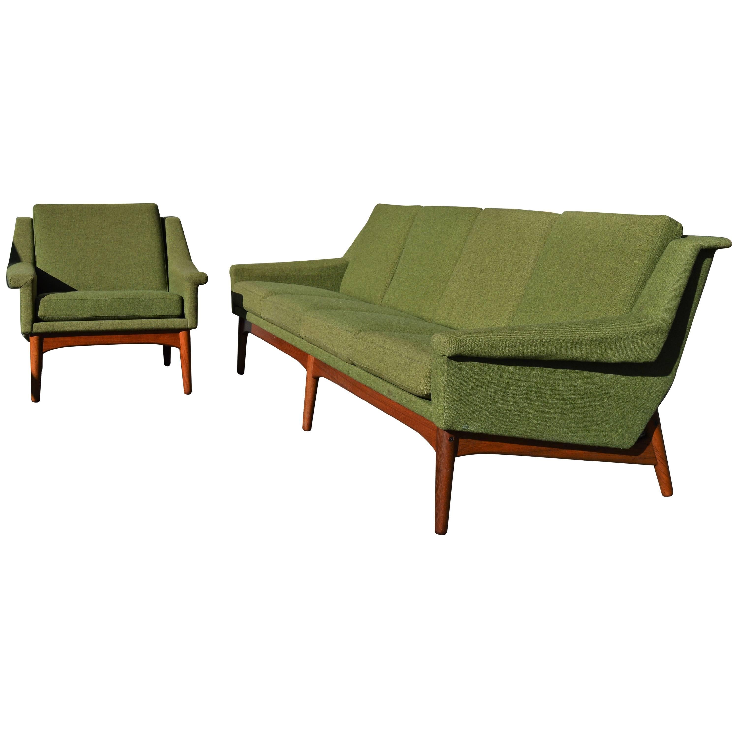 Bramin Teak Base Sofa and Lounge Chair in Sage Green Wool