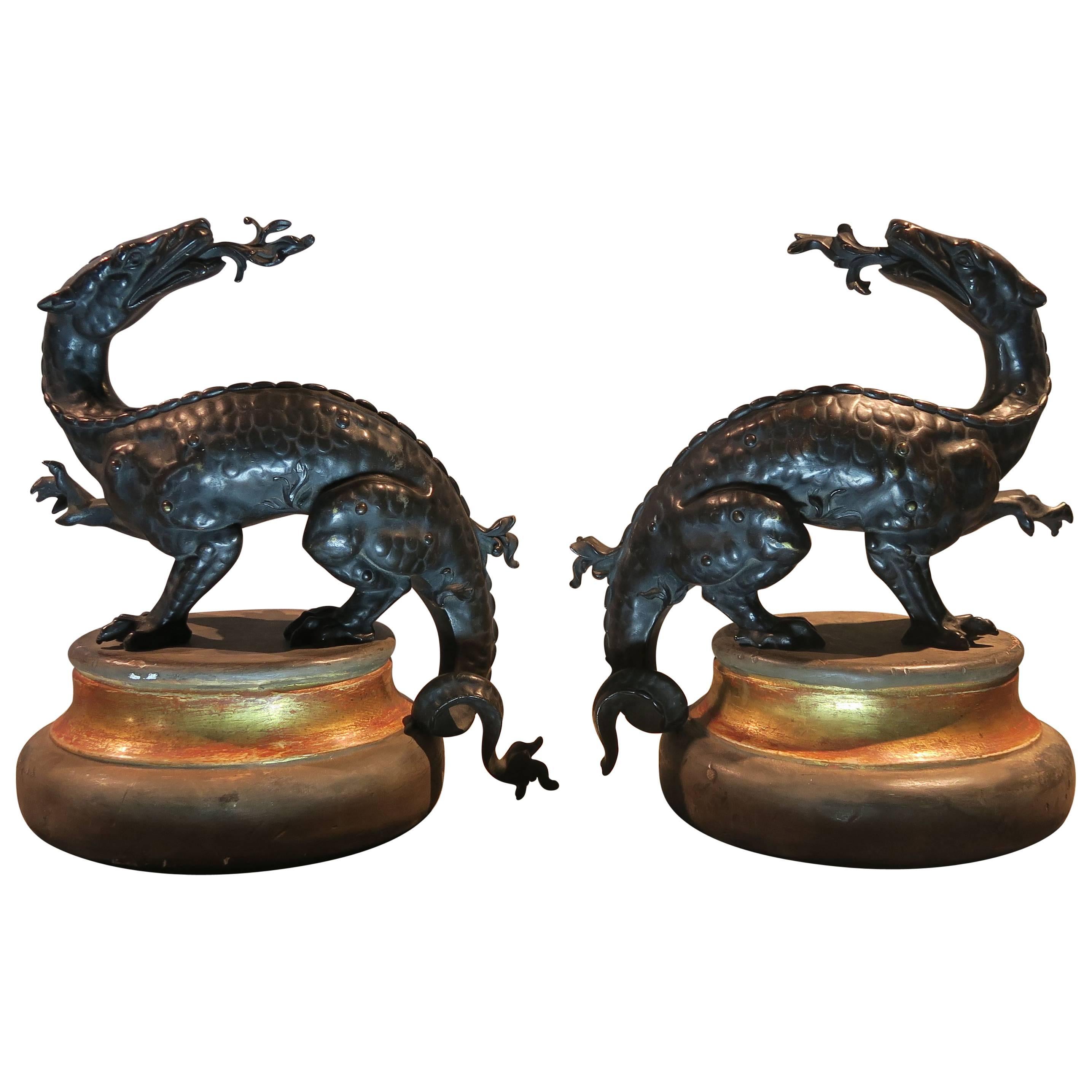 Pair of French 18th Century Patinated Bronze Dragons For Sale