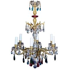 Antique Italian Solid Bronze and Colored Crystal Six-Light Chandelier circa 1920 3