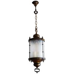 Early 20th Century Art Nouveau Brass Etched Glass Cylinder Three-Light Lantern 1