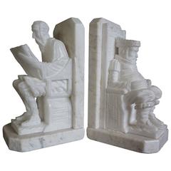 Hand-Carved Alabaster Don Quixote and Sancho Panza Bookends Mid-Century Italy