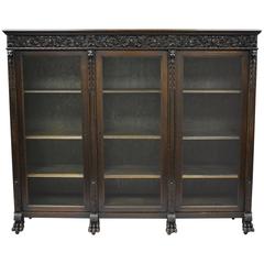 Victorian Oak Three-Door Large Triple Bookcase Carved Figural Gargoyle Faces