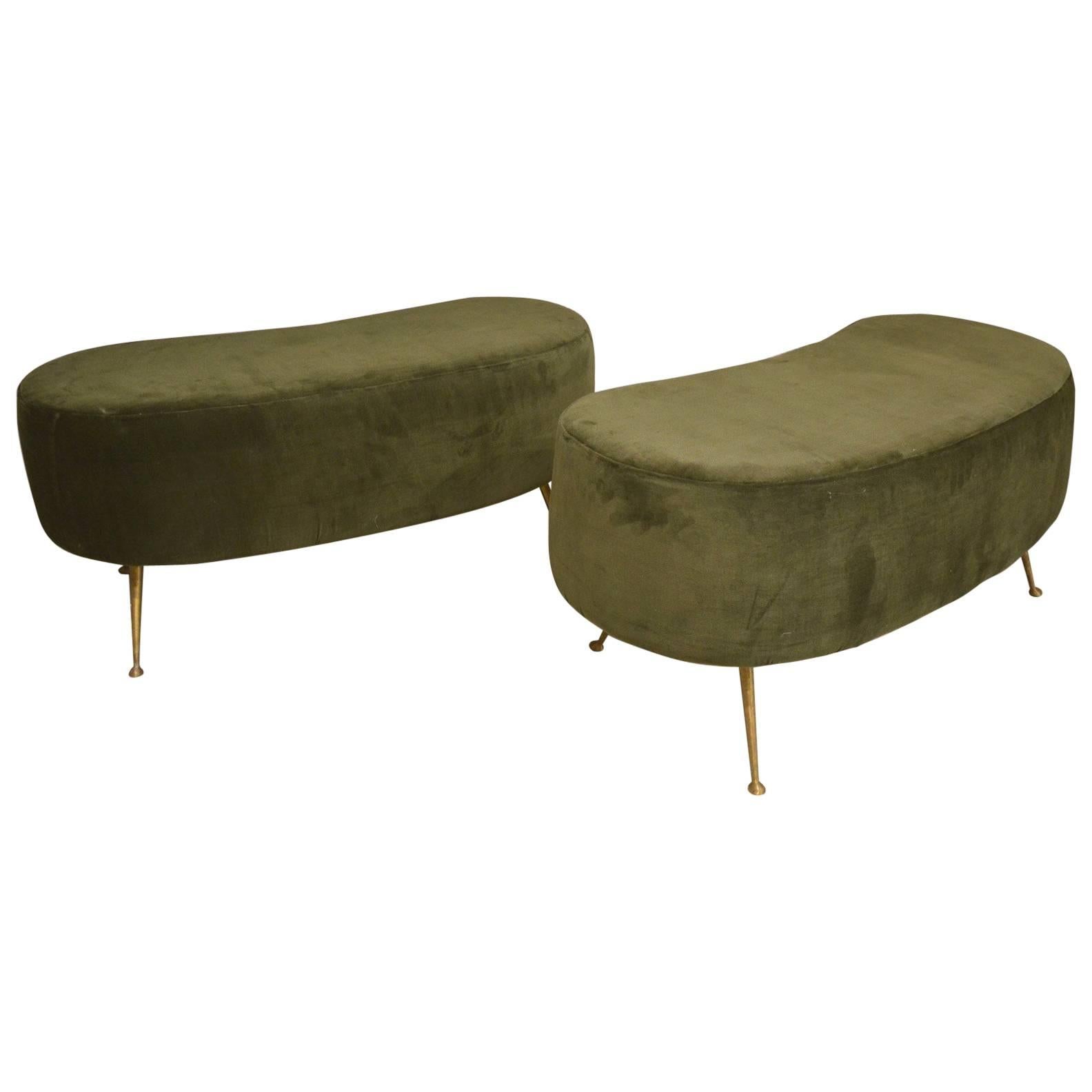 Beautiful Pair of Italian Stools, velvet and brass For Sale