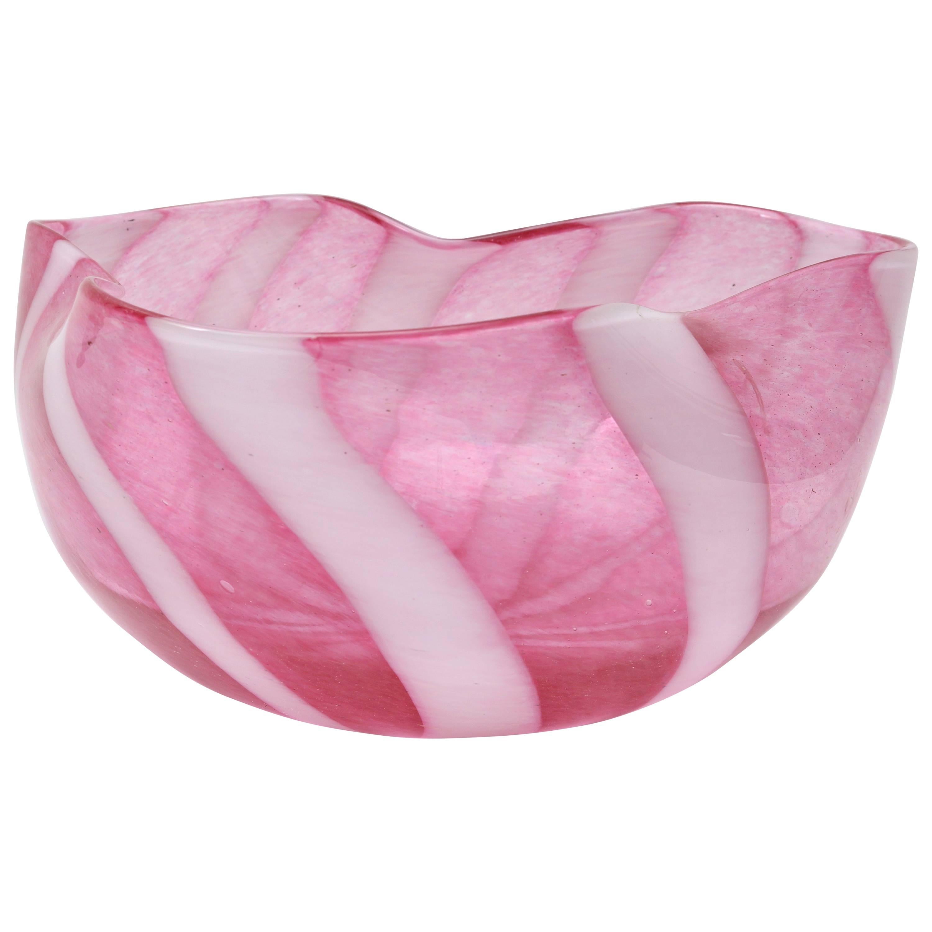  Murano Glass Bowl with Swirl Pattern in a Raspberry and White Coloration