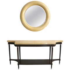  Lucien Rollen Console et miroir laqués en peau de chèvre