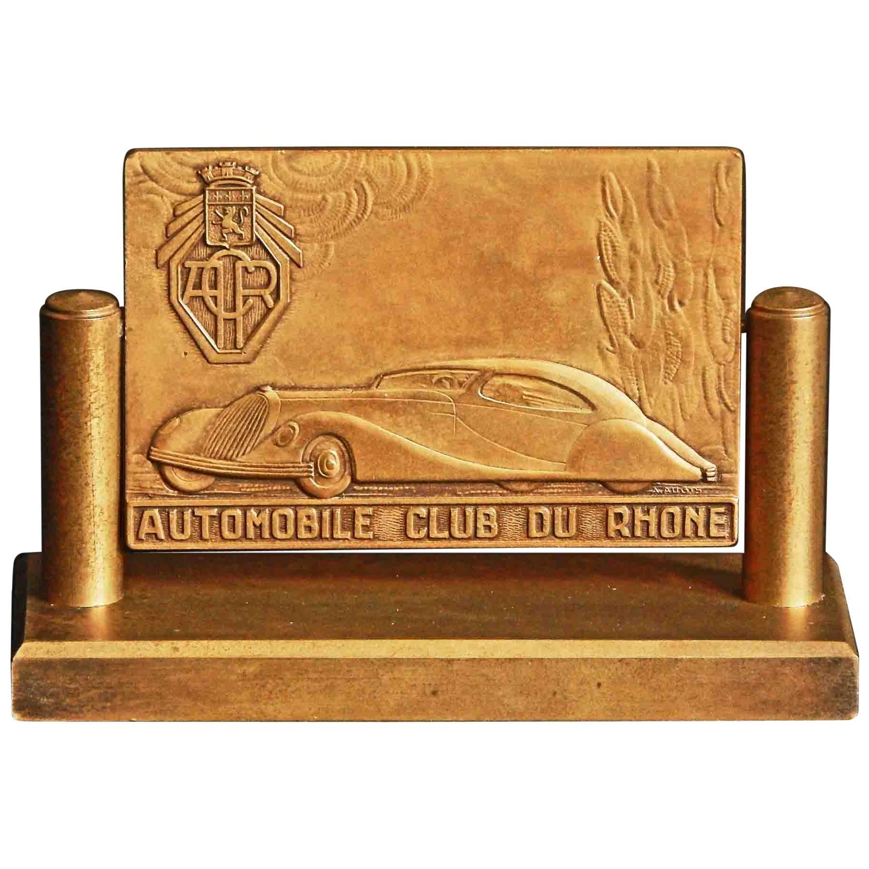 Accessoire de bureau Art Déco en bronze « Automobile Club of Rhone », Talbot-Lago en vente