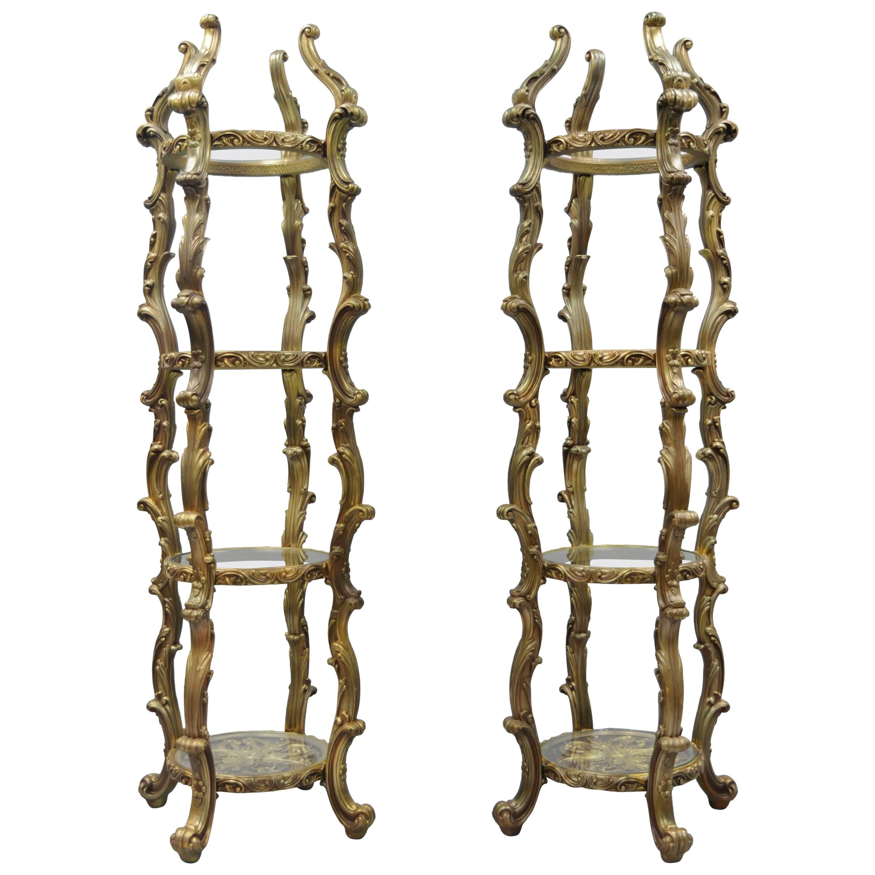 Pair Gold Hollywood Regency Syroco French Rococo Etagere Curio Display Stands